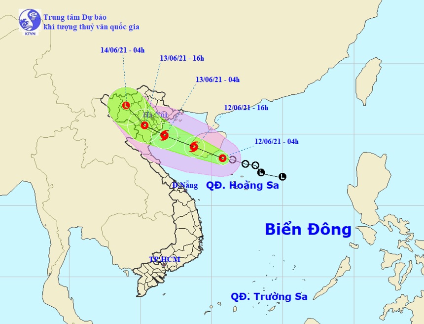 Vị trí và hướng di chuyển của áp thấp nhiệt đới trên Biển Đông. Ảnh: Trung tâm Dự báo KTTVQG.