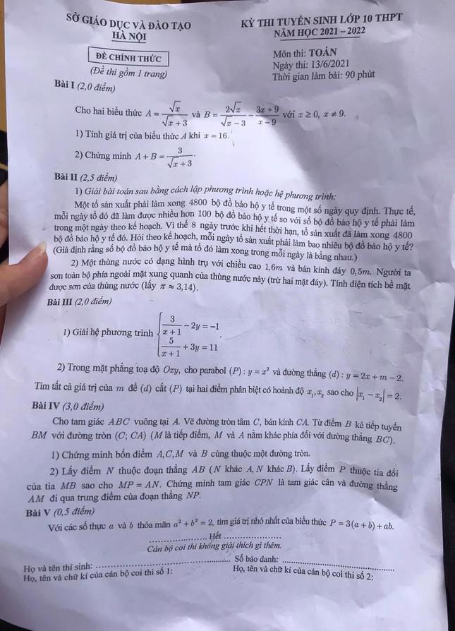 Đề thi môn Toán kỳ thi tuyển sinh lớp 10 Hà Nội