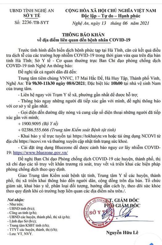 Thông báo khẩn của Sở Y tế Nghệ An đề nghị người dân đến Trung tâm tiêm chủng thì tới ngay cơ sở y tế khai báo.