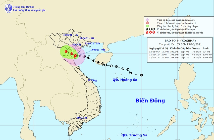 Vị trí và hướng di chuyển tiếp theo của bão số 2 Koguma. Ảnh: Trung tâm Dự báo KTTVQG.