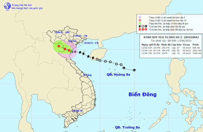 Vị trí và hướng di chuyển tiếp theo của áp thấp nhiệt đới suy yếu từ bão số 2. Ảnh: Trung tâm Dự báo KTTVQG.