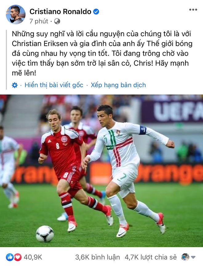 Ronaldo đăng tải thông điệp cầu nguyện cho Eriksen