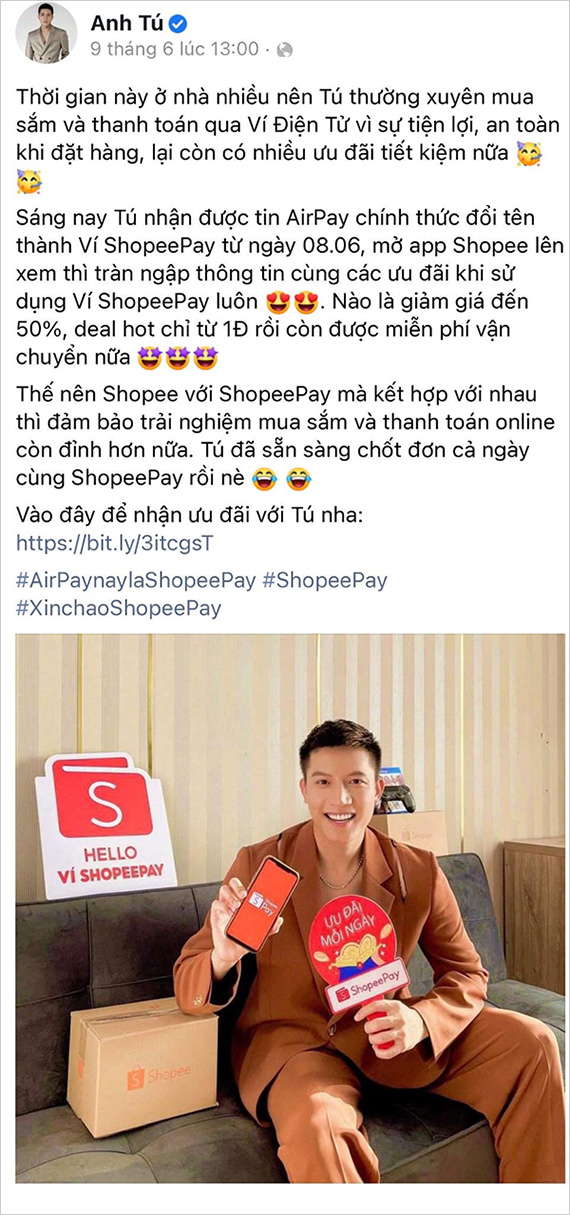 Ca sĩ Anh Tú tin tưởng ShopeePay sẽ nâng cấp trải nghiệm thanh toán của bản thân, bài đăng thu về 6,1 nghìn lượt thích sau vài giờ đăng tải