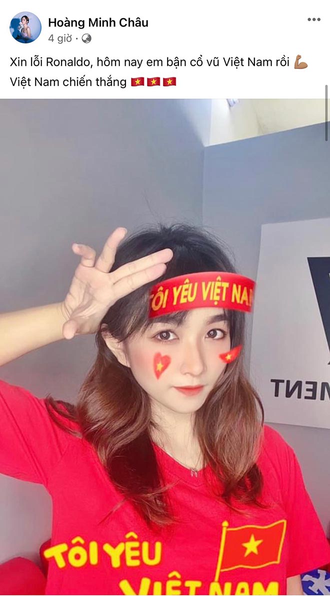 Fan nữ nổi tiếng Hoàng Minh Châu bỏ Ronaldo và Bồ Đào Nha để tập trung cổ vũ cho đội tuyển Việt Nam