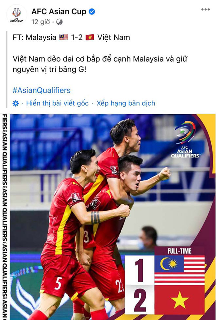 Tài khoản Twitter của AFC chúc mừng chiến thắng của ĐT Việt Nam trước Malaysia