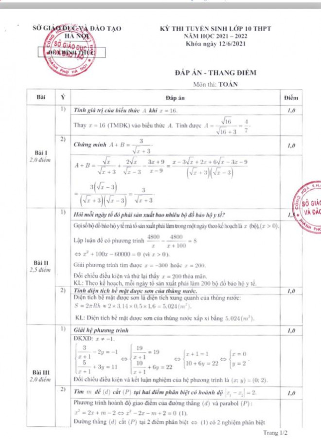 Hà Nội công bố đáp án chính thức môn thi lớp 10 - 2