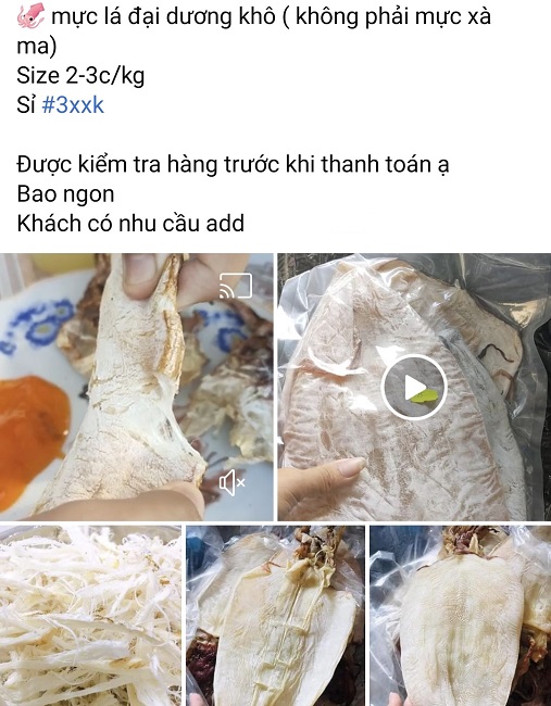 Mực khô "khổng lồ" được rao bán tràn lan trên chợ mạng với giá rẻ chưa từng thấy. (Ảnh chụp màn hình).