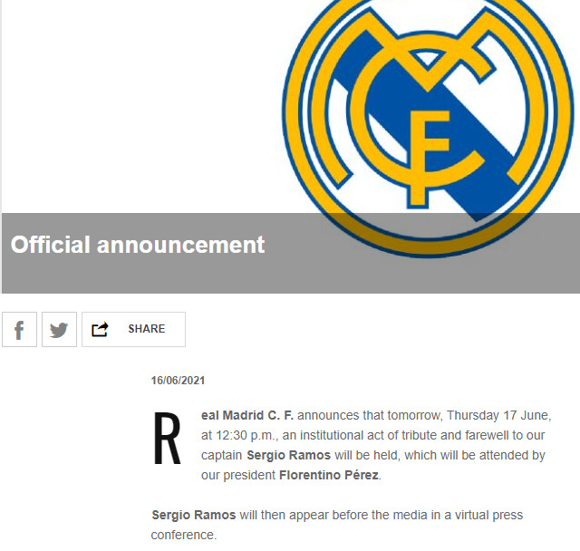 Thông báo trên trang chủ Real Madrid