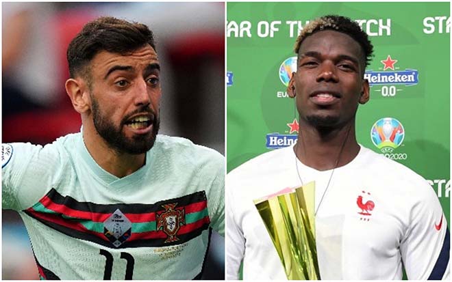 Pogba (phải) tỏa sáng hơn Bruno Fernandes ở giai đoạn đã qua của EURO 2020