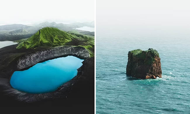 12. Bên trái: Bức ảnh mãn nhãn này cho thấy Blahylur hồ miệng núi lửa ở cao nguyên Iceland không hoạt động. 

Bên phải: Gabor đã chụp được hình ảnh tuyệt vời này ngoài khơi bán đảo Dyrholaey của Iceland. Sau khi đăng hình ảnh này lên Instagram, một người theo dõi đã viết: “Hình ảnh đẹp mê hồn, như một ngôi sao soi sáng giữa đại dương”.
