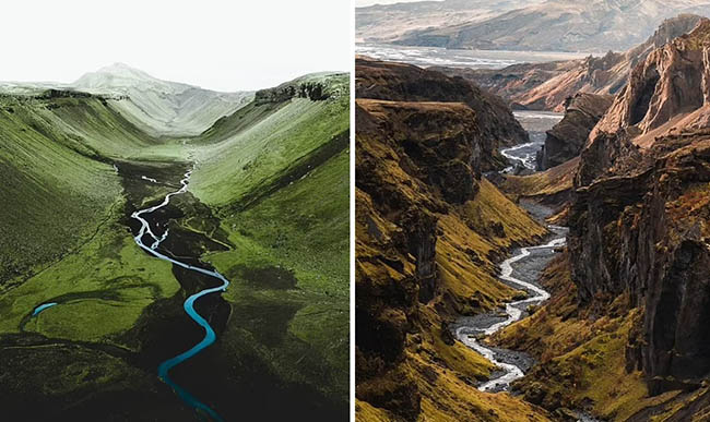14. Bên trái: Một cảnh quay hoành tráng về hẻm núi lửa lớn nhất thế giới Eldgja, Iceland.

