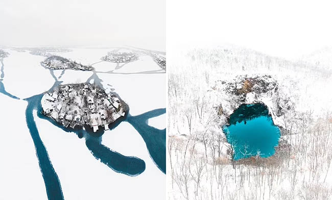 2. Bên trái: Cảnh mùa đông ở hồ Kavicsos, gần thủ đô Budapest của Hungary. Tên của nó dịch sang tiếng Anh là Pebble Lake. Hồ nằm ở vị trí của một mỏ đá cuội trước đây. Bên phải: Hồ nước tuyệt đẹp ở ngôi làng nhỏ Apc ở miền bắc Hungary. Gabor nói: “Mọi người thích chụp ảnh trên không vì họ có thể chiêm ngưỡng cảnh vật từ một góc độ rất khác”.
