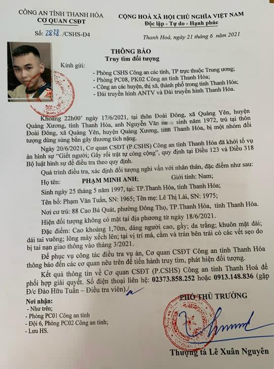 Thông báo truy tìm Phạm Minh Anh của Cơ quan CSĐT Công an tỉnh Thanh Hóa