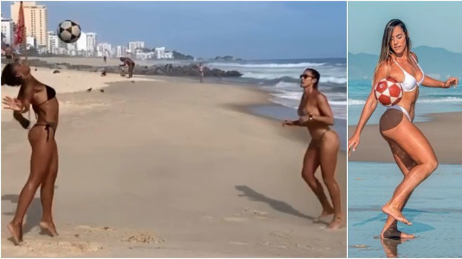 Natalia Guitler và Josy Souza diện bikini "bốc lửa" trổ tài chuyền bóng bằng ngực cho nhau trên bãi biển Rio