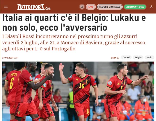 Nhật báo Tuttosport (Italia) lo ngại Lukaku sẽ tỏa sáng ở tứ kết EURO năm nay khi đối đầu "Azzurri"