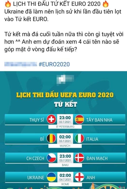 Đây là lịch thi đấu tứ kết EURO 2020.