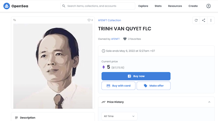 Hình NFT ông Trịnh Văn Quyết được rao bán giá gần 17.000 USD (Ảnh: Chụp màn hình)