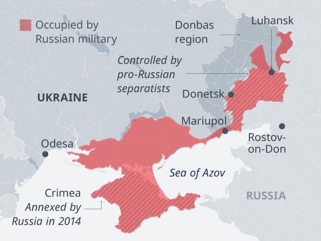 Hành lang trên bộ nối từ bán đảo Crimea, qua Mariupol tới vùng Donetsk&nbsp;là mục tiêu chiến lược của quân đội Nga (ảnh: DW)