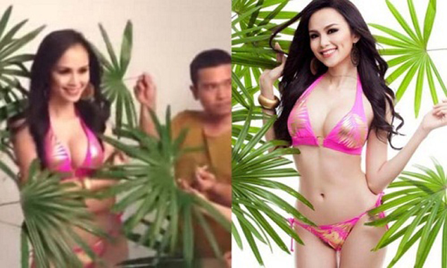 Hoa hậu Diễm Hương có bộ hình như ý (ảnh trái) nhưng sự thật phải nhờ tới các thành viên nam trong ê-kíp chụp hình cầm sẵn những lá cọ để tạo bối cảnh.
