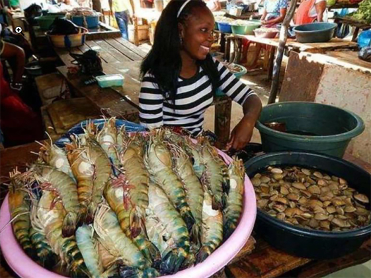 Vì thế, hải sản được bán tràn lan ở chợ, giá rẻ như rau, phổ biến nhất là cá và tôm các loại.
