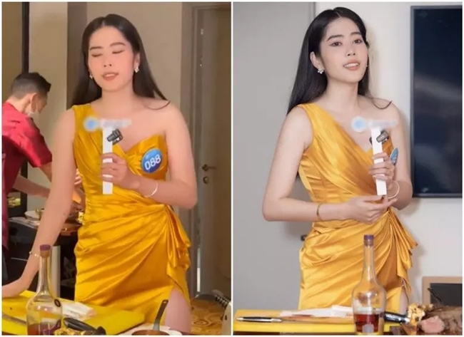 Hoa khôi Nam Em bị&nbsp;bóc mẽ nhan sắc trong hậu trường cuộc thi Miss World VietNam 2022. Do với hình ảnh đã chỉnh sửa (bên phải), người đẹp quê Tiền Giang lộ bắp tay to, dáng người khá mũm mĩm (ảnh trái).
