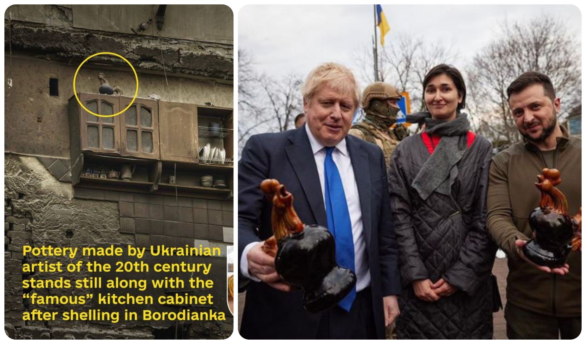 Thủ tướng Anh và Tổng thống Ukraine được tặng gà trống bằng gốm (ảnh: Guardian)