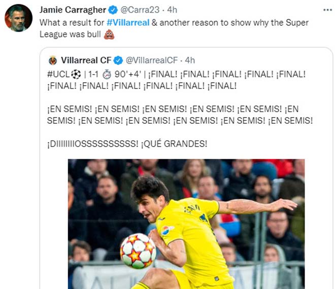 Cựu danh thủ Jamie Carragher: "Một kết quả khó tin cho Villarreal, thêm một lý do nữa tại sao Super League là giải đấu ngu ngốc".