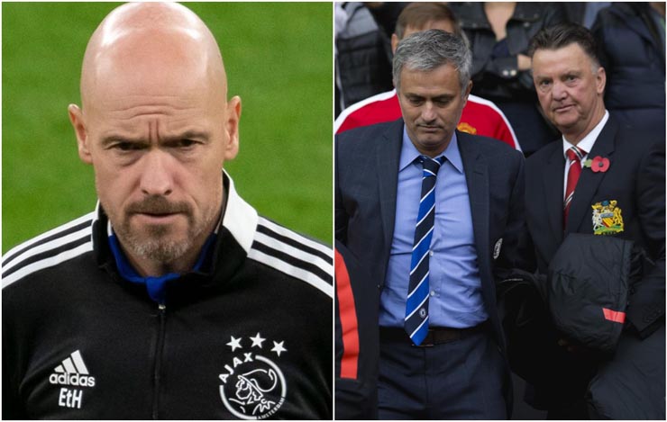 HLV Ten Hag (trái) sẽ có triết lý khác biệt so với Mourinho và Van Gaal