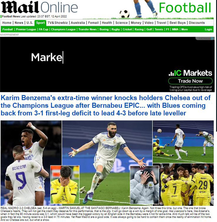 Tờ Daily Mail nuối tiếc Chelsea và chúc mừng Real Madrid đi tiếp