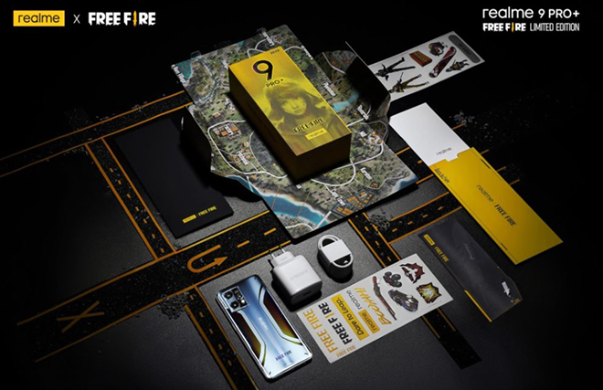 Toàn bộ phụ kiện đi kèm trong hộp&nbsp;Realme 9 Pro+ Free Fire Limited Edition.