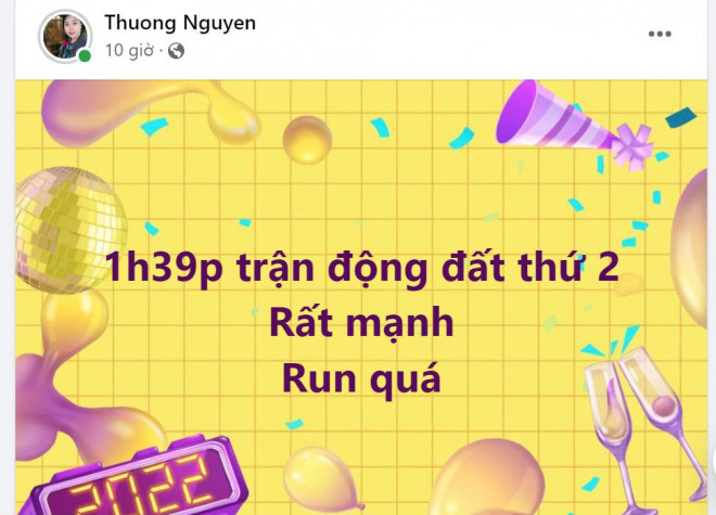 Chị Nguyễn Thị Thương ở xã Trà Cang, Nam Trà My chia sẻ lên Facebook về các trận động đất vào rạng sáng 15-4