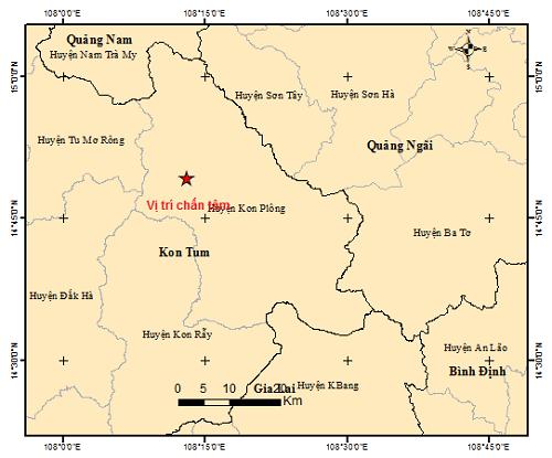 Bản đồ chấn tâm 1 trong 3 trận động đất xảy ra tại tỉnh Kon Tum sáng 15-4