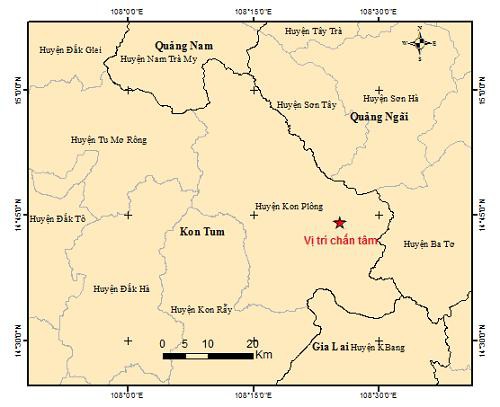 Tâm chấn trận động đất mới nhất ở Kon Tum. Nguồn: Trung tâm Báo tin động đất và cảnh báo sóng thần.