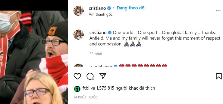 Ronaldo cảm ơn CĐV Liverpool trên trang cá nhân