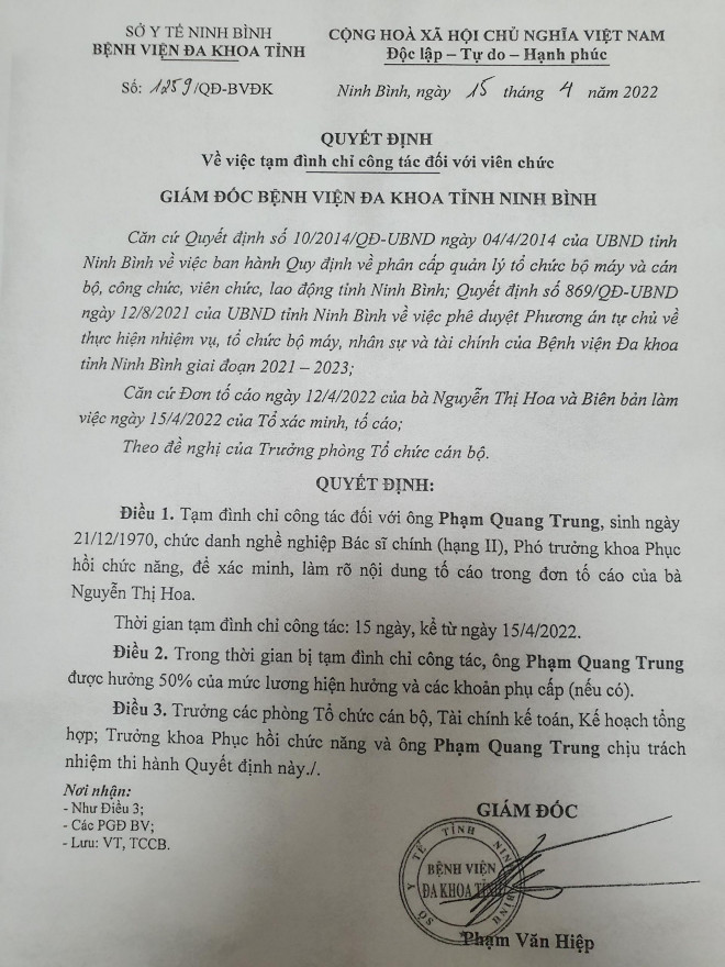 The deputy head of the Department of Ninh Binh General Hospital was temporarily suspended from work - 1
