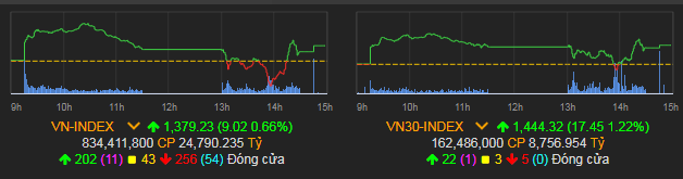 VN-Index tăng 9,02 điểm (0,66%) lên 1.379,23 điểm.