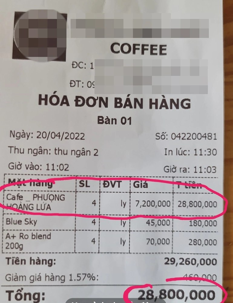 Tờ hóa đơn 4 cốc cà phê giá hơn 28 triệu đồng thu hút sự quan tâm của dư luận những ngày qua.