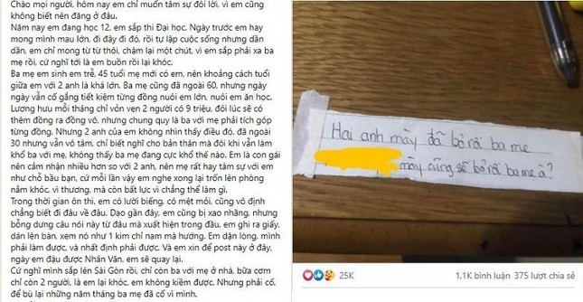 Tâm sự của nữ sinh lớp 12: "Hai anh mày đã bỏ rơi ba mẹ, mày cũng sẽ bỏ rơi ba mẹ à?" - 1