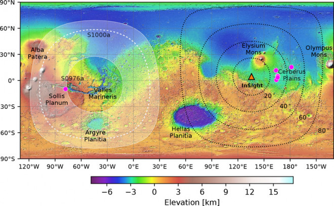Nếu nối vị trí của Insight và vị trí xảy ra động đất vào tâm của hành tinh thì sẽ tạo thành một góc khoảng 40 độ - Ảnh: NASA