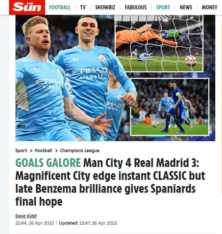 Nhật báo The Sun của Anh khen Man City vĩ đại khi xuất sắc thắng Real Madrid&nbsp;