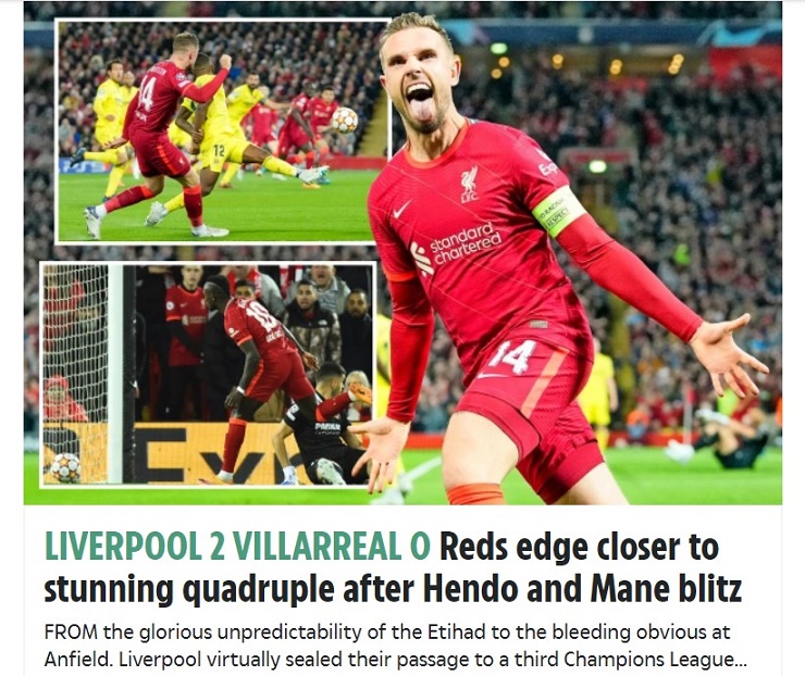 The Sun cho rằng Liverpool đã đặt 1 chân vào chung kết Cúp C1