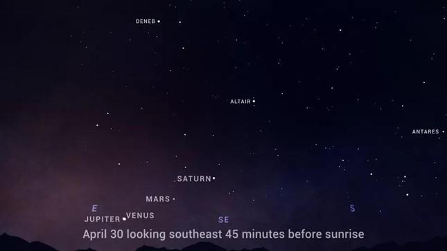 Hình ảnh hiếm hoi chụp được khi 4 hành tinh thẳng hàng trên bầu trời đêm 23/4 và sẽ tái diễn vào ngày 30/4