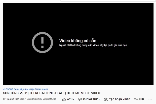MV của Sơn Tùng M-TP không còn tồn tại ở YouTube tại Việt Nam