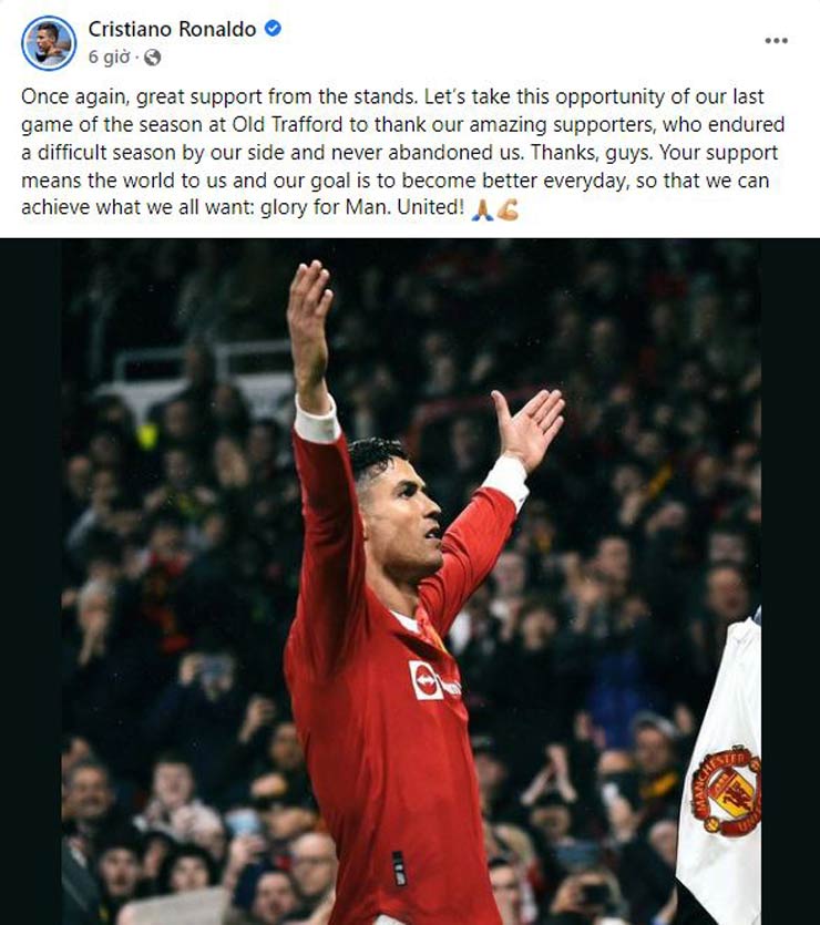 Ronaldo ghi thông điệp trên Facebook để tri ân các CĐV MU