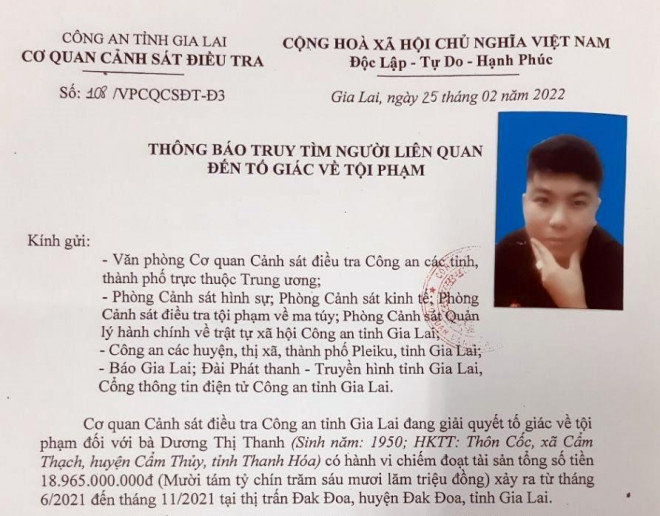 Công an cũng truy tìm Lê Văn Bảy (con bà Thanh) vì liên quan đến vụ việc