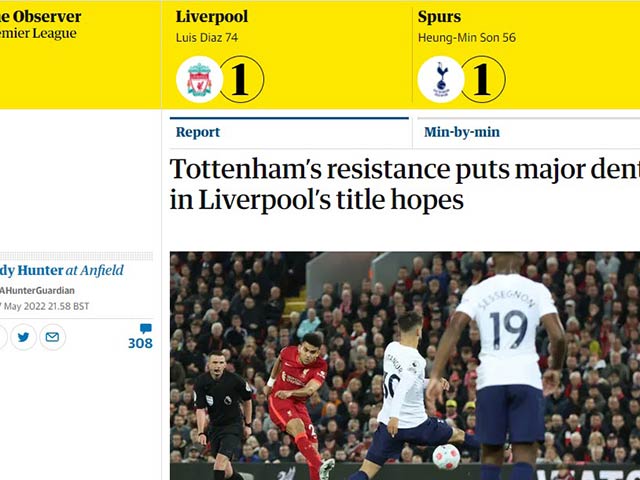 Liverpool mất điểm trước Tottenham, báo Anh tiếc nuối mộng ăn 4 sắp tan vỡ