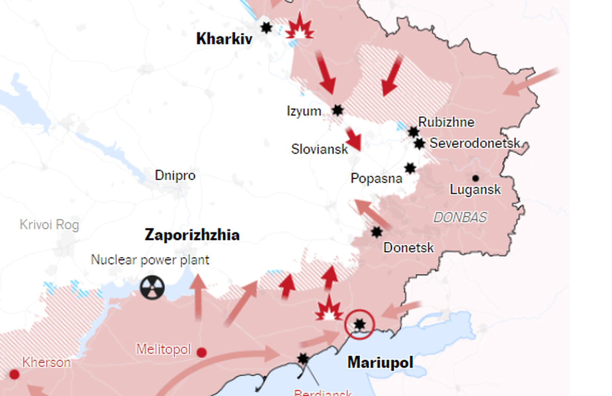 Lược đồ hướng tiến công của Nga ở miền đông Ukraine dẫn đến việc kiểm soát thành phố Popasna (ảnh: Elpais)