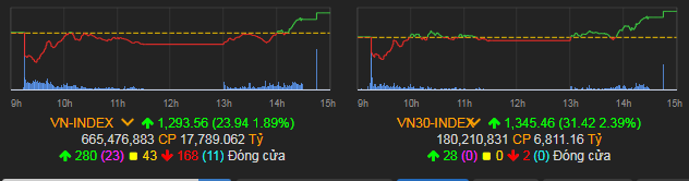 VN-Index tăng 23,94 điểm (1,89%) lên 1.293,56 điểm.