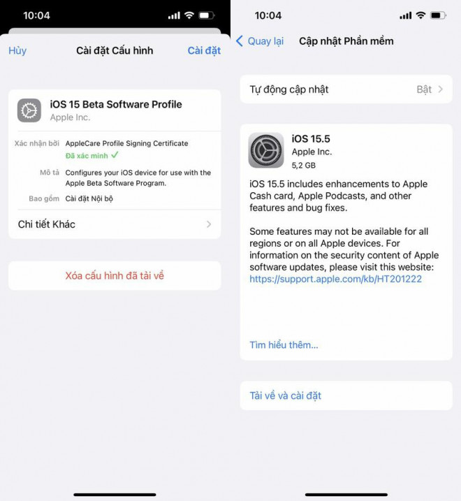 Tải và cài đặt iOS 15.5 RC trên iPhone. Ảnh: TIỂU MINH