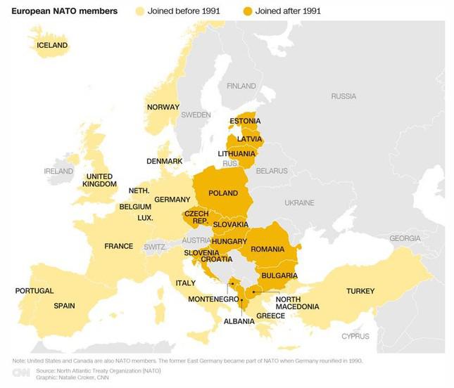 Các thành viên NATO ở châu Âu. Đồ họa: CNN/NATO.